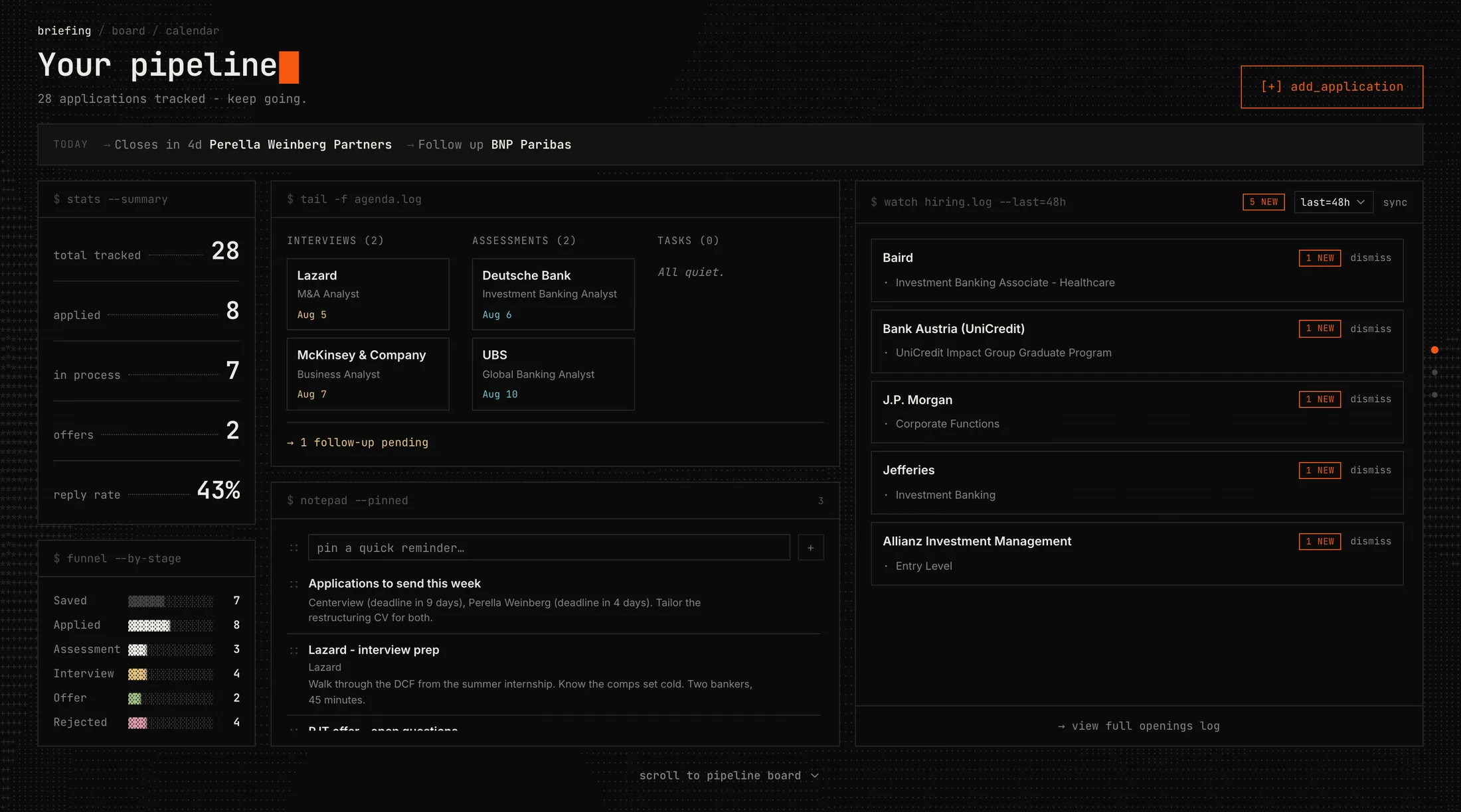 Nomad's briefing screen: pipeline counts, the day's interviews and a feed of newly detected openings.